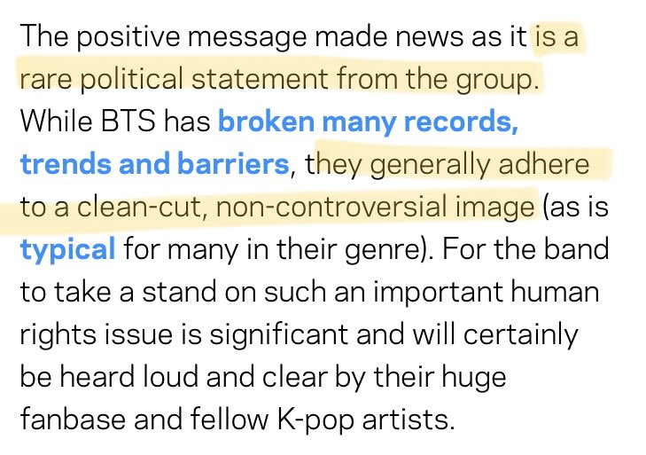 14. Here is an example of stereotypes creating a false narrative of BTS:According to the stereotypes of Kpop, the music is superficial and created for mass amounts of people. It’s rarely controversial. This article assumes BTS is not political because of this stereotype in Kpop.