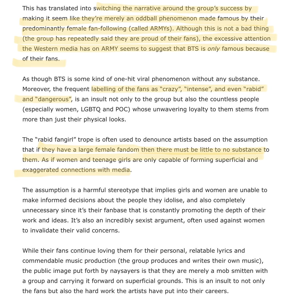 20. This affects the way journalists and the public approach BTS. You are most likely to hear & read about the passion/craze of the band’s fan army or their looks. You will read and hear very little discussion of their music or the ideas the boys tout which keep fans so loyal.