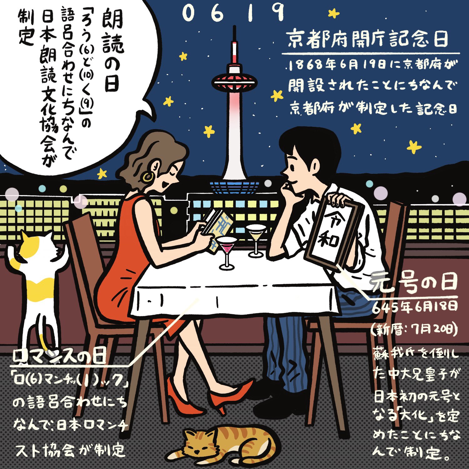 Yamazato Masaki 今日はなんの日 一日一枚 今日はなんの日 京都府開庁記念日 朗読の日 元号の日 ロマンスの日 イラスト カレンダー T Co Wmhntkasqs Twitter