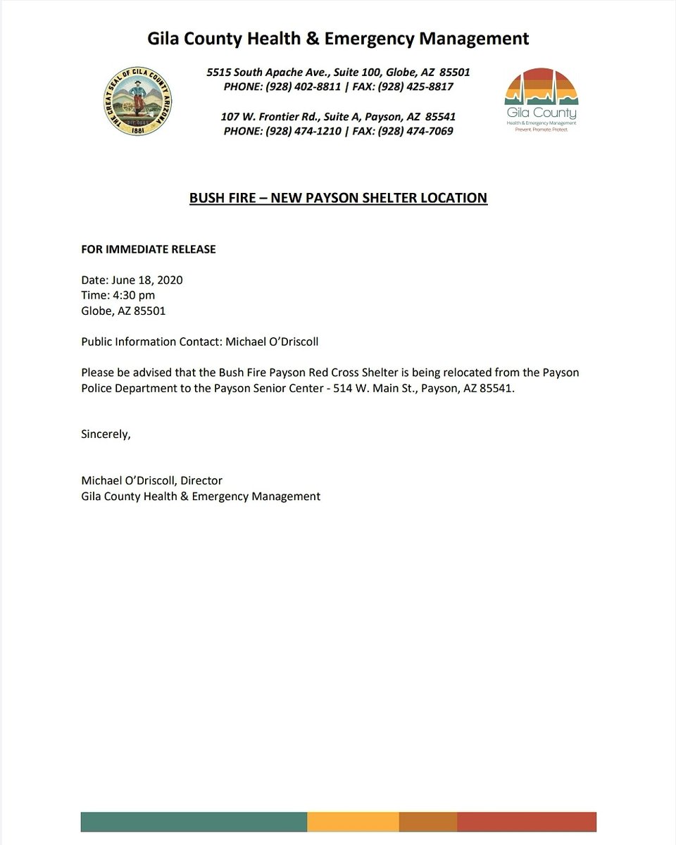 GilaCo_Health's tweet photo. ***FOR IMMEDIATE RELEASE***
NEW PAYSON SHELTER LOCATION
#GilaCounty #BushFire2020 https://t.co/RAnLoynnN7