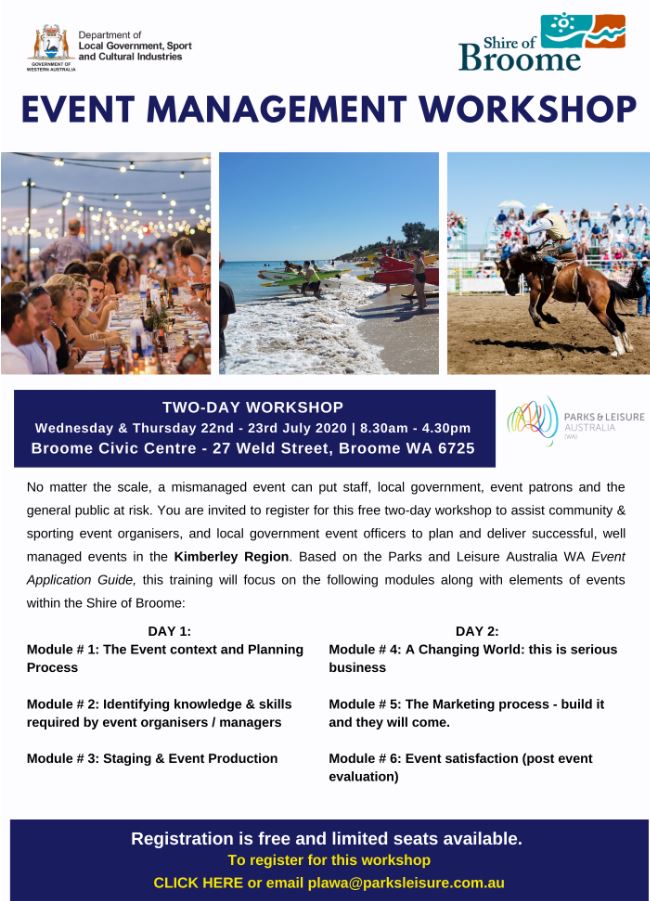 BroomeShire's tweet photo. Need help organising or holding an event? 

Here's an excellent, free workshop to be held locally at the Broome Civic Centre! 

E-mail plawa@parksleisure.com.au for more information or to register.

#Broome #ShireofBroome https://t.co/gsn4z0WPqN