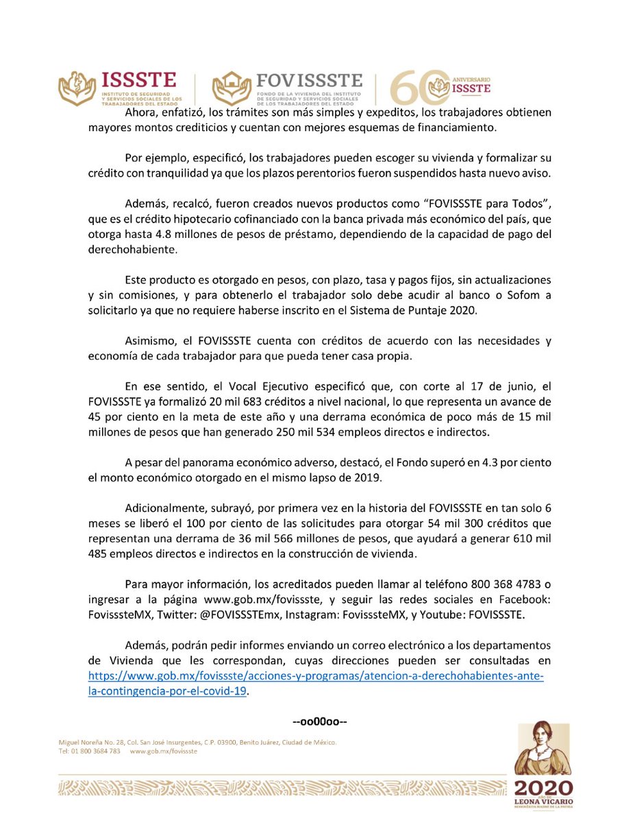 #BoletínFOVISSSTE 📰 

Exhorta Vocal Ejecutivo del FOVISSSTE a trabajadores
a ejercer sus créditos hipotecarios

•Con la campaña “Tu Casa es Hoy” se recomienda aprovechar las buenas condiciones del mercado inmobiliario para tener certidumbre de una vivienda