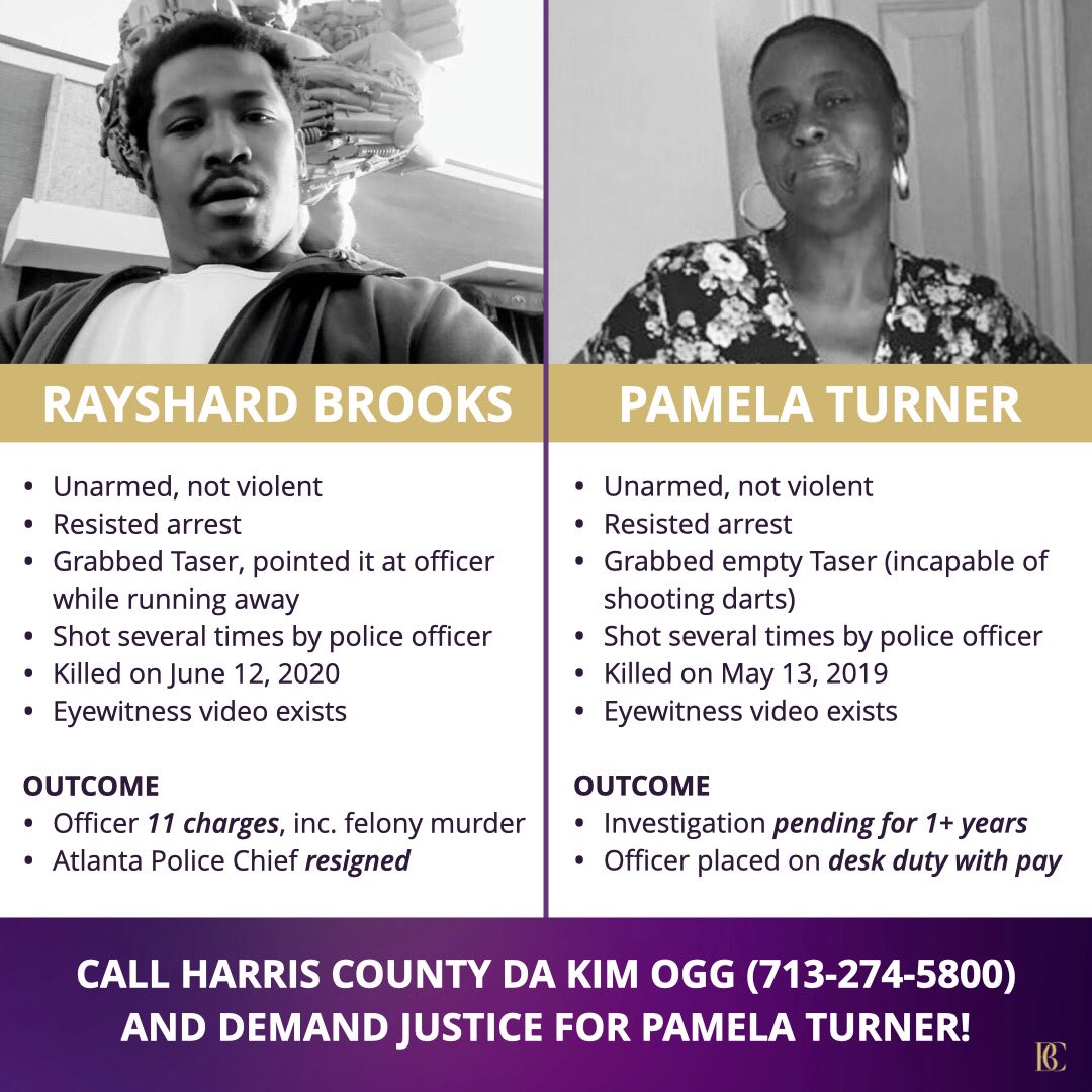 AttorneyCrump's tweet photo. The murders of #RayshardBrooks and #PamelaTurner were almost IDENTICAL … but the outcomes have been VERY DIFFERENT. Black women’s lives matter too!! They deserve the same energy and attention than our fallen Brothers… We need JUSTICE!! #SayHerName #SayHisName #BlackLivesMatter https://t.co/Hf1DzBLzvd