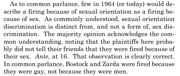 One of strongest arguments for employers that made this difficult was that people don't generally think of anti-LGBT discrimination as sex discrimination. If asked by friend why he was fired, Bostock likely wouldn't say "Because I'm a man." See Kavanaugh's dissent below. 3/