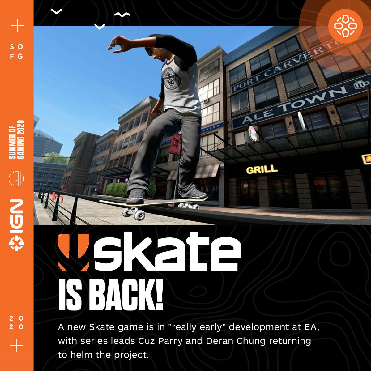 IGN's tweet image. Whether it's a Skate remake or the long-awaited Skate 4, we're stoked for this announcement from #EAPlayLive. bit.ly/2Cm7U3H