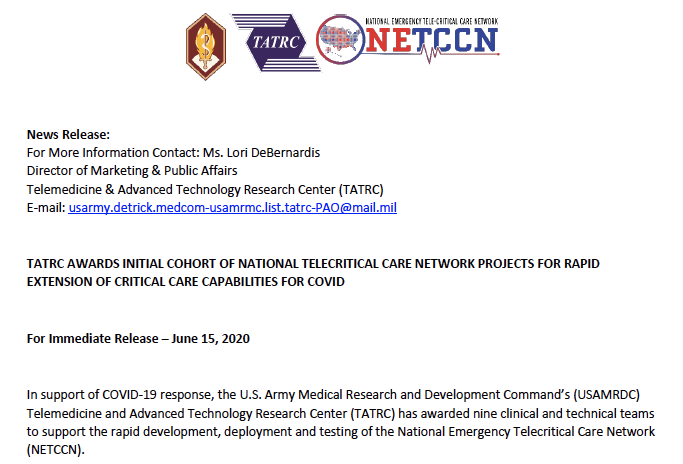 Honored and excited to be among the Awardees! As a PI, I couldn't dream up a better team!! Time to  get to work building  a National Emergency TeleCritical Care Network! 
<a href="/Tr4Os/">TR4OS</a> <a href="/OmnicureMD/">Omnicure</a> <a href="/DocBoxMed/">DocBox</a> <a href="/juliangoldman/">Julian Goldman MD</a> <a href="/SCCM/">SCCM</a> <a href="/TheTATRC/">The TATRC</a>