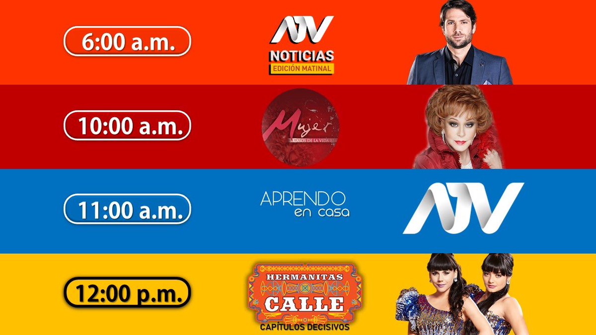 ATVPeFans's tweet photo. De Lunes a Viernes en #ATV:
#ATVNoticiasMatinal 6am
#MCDLVR 10am
#AEC 11am
#LasHermanitasCalle mediodía
#MiGenteDice 1pm
#LaEsposaJoven 2pm
#MarianaDeLaNoche 3:30pm
#LoQueLaVidaMeRobo 5pm
#Rubi 6pm
#ATVNoticiasAEJ 6:55pm
#Andrea 8:45pm
#MagalyTVLaFirme 9:45pm
#ATVNoticias 11pm https://t.co/voZWAPnnAY