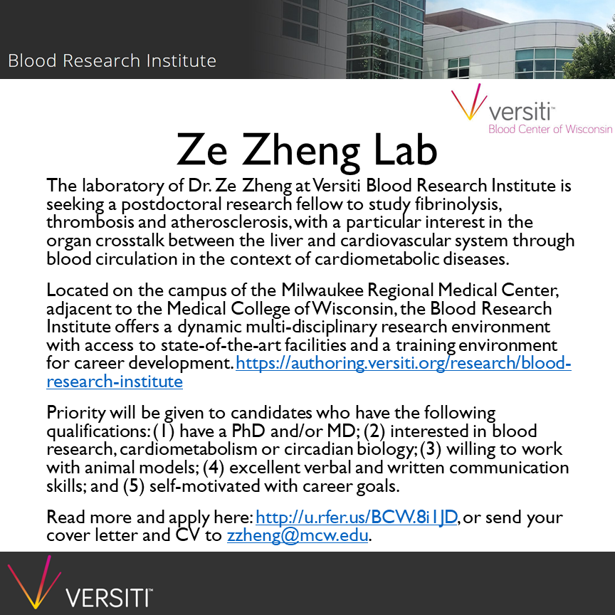 Ze Zheng (@drzezheng) on Twitter photo Seeking a #postdoc to study #fibrinolysis, #thrombosis, & #cardiometabolism <a href="/BloodCenterWI/">Versiti Blood Center of Wisconsin</a>! Read more: u.rfer.us/BCW.8i1JD. Pls contact me if interested: zzheng@mcw.edu, or DM @ze__zheng.🔬🩸🫀💊 Pls RT🙏 Seeking a #postdoc to study #fibrinolysis, #thrombosis, & #cardiometabolism <a href="/BloodCenterWI/">Versiti Blood Center of Wisconsin</a>! Read more: u.rfer.us/BCW.8i1JD. Pls contact me if interested: zzheng@mcw.edu, or DM @ze__zheng.🔬🩸🫀💊 Pls RT🙏