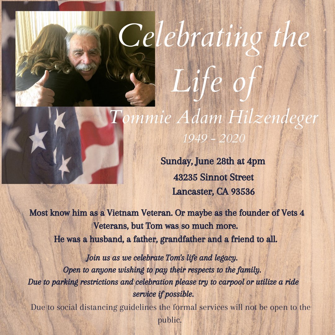 AVVets4Veterans's tweet photo. Celebrating the Life of Tommie Adam Hilzendeger. Please see our Facebook page for obituary and complete information about services. https://t.co/5kxrBFiqeu