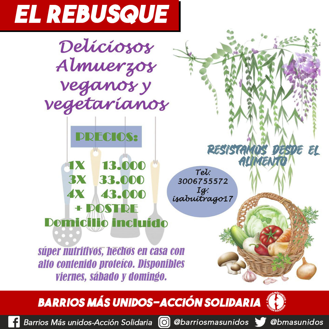 bmasunidos's tweet photo. #ElRebusque Una vecina de Barrios Unidos nos envia la información de su negocio. ¡No duden en contactarla y comprarle muchos almuerzos veganos y vegetarianos!
Si tienes una iniciativa o negocio y quieres que la publiquemos en nuestras redes sociales, contáctanos. https://t.co/7AYQLpWZCk