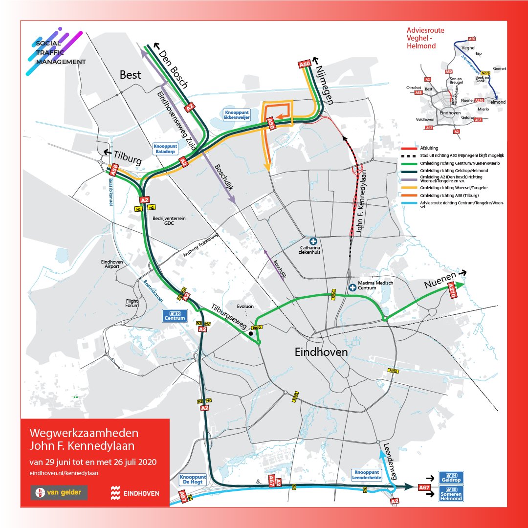 #Kennedylaan; ❌<a href="/gem_Eindhoven/">gemeente Eindhoven</a> en @vGelderGroep voeren werkzaamheden aan het wegdek uit 🚧De weg is 'stad in' afgesloten tussen 28 juni (vanaf 21:00) en 26 juli📆. Verkeer van centrum naar de A50 (stad uit) is mogelijk. Meer info? Download VanGelder App📱: bit.ly/2YgLDwO