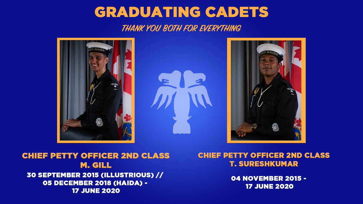 Our first two graduating cadets, CPO2 M. Gill and CPO2 T. Sureskumar! We'd like to thank the both of you for everything you've done for Haida. Congratulations to the both of you, we will miss you and hope you come visit! 💛🖤