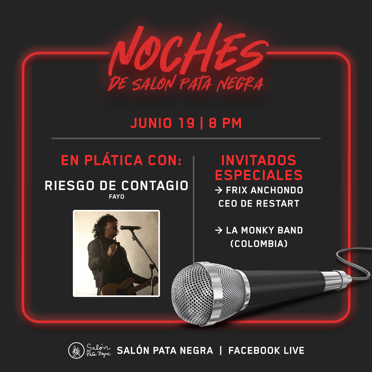 Como cada viernes, mañana llega #NochesDeSalónPataNegra 
Esta vez nos acompañarán Fayo <a href="/RiesgodContagio/">Riesgo de Contagio</a> y Frix Anchondo CEO de <a href="/Mx_Restart/">Restart</a> 
Invitados especiales <a href="/LaMonkyBand/">La Monky Band</a> de Colombia.
