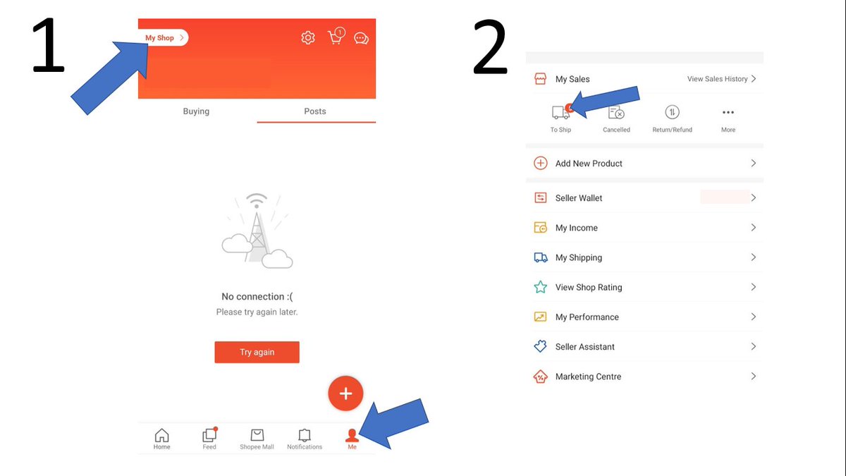 Dengan menggunakan apps, 1. Me > My Shop 2. Tap gambar lori "To Ship"