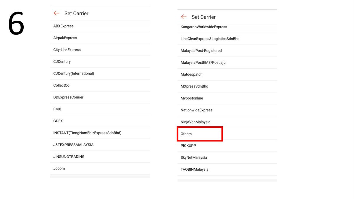 6. Ini adalah list couriers yang kalian boleh gunaUntuk kes kita ni, klik Others jekalau in future Shopee ada letak Bungkusit, lalamove etc, boleh la guna