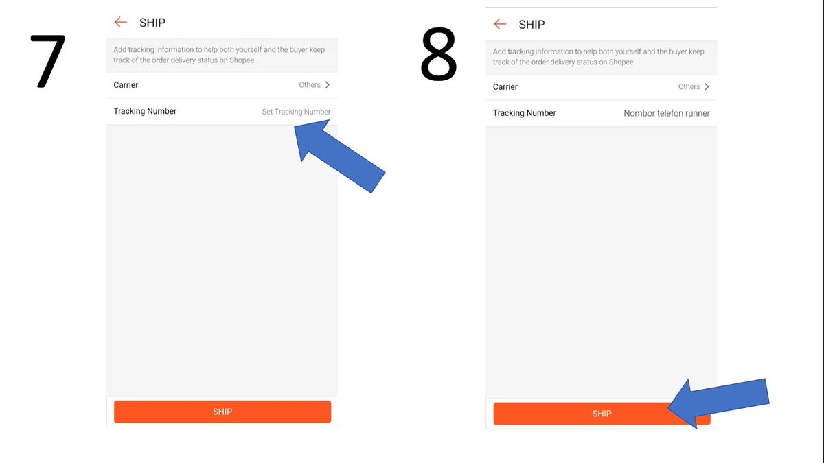 7. Lepas pilih & #39;OTHERS& #39;, tap & #39;Tracking Number& #39; pulakMasukkan nombor telefon runner kalau guna freelance rider.Atau nak masukkan nombor telefon seller pun boleh.Atau nak letak runner/rider punya order ID supaya buyer boleh track sendiri (kalau ada) pun boleh8. Ship!