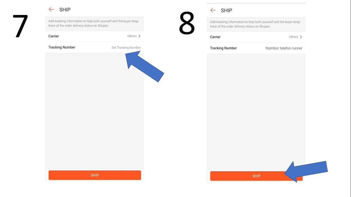 7. Lepas pilih 'OTHERS', tap 'Tracking Number' pulakMasukkan nombor telefon runner kalau guna freelance rider.Atau nak masukkan nombor telefon seller pun boleh.Atau nak letak runner/rider punya order ID supaya buyer boleh track sendiri (kalau ada) pun boleh8. Ship!