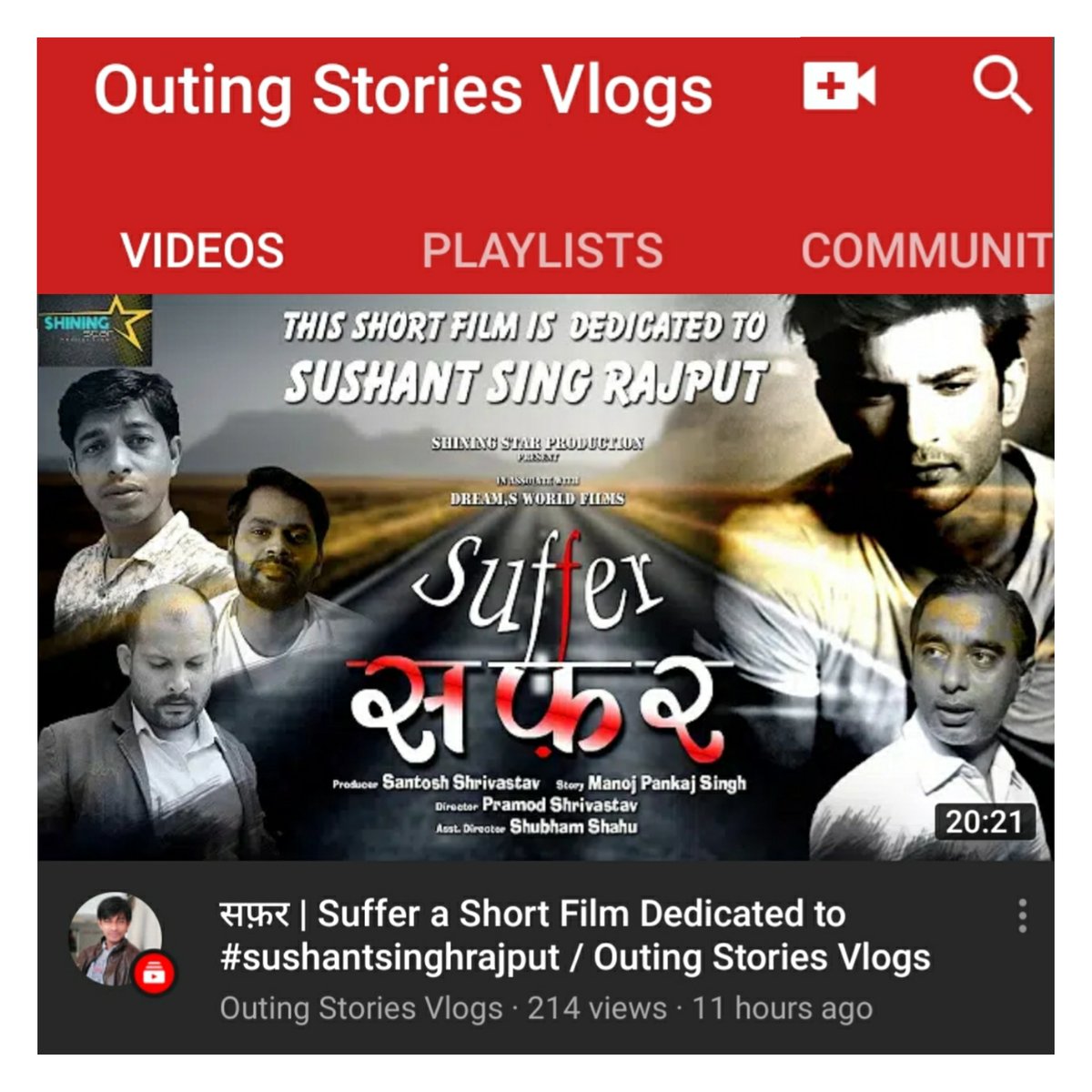 outingstories's tweet image. "SAFFER"  "सफ़र" this Short film is dedicated to sushant Singh Rajput
Release on YouTube (Outing Stories Vlogs)
Channel link in Bio please have a look
#SushantSinghRajput
#sushantsingh #saffer #shortfilm #inspiration #inspiringfilm #youtube #film #filmmaker #shortfilm #filmmaking