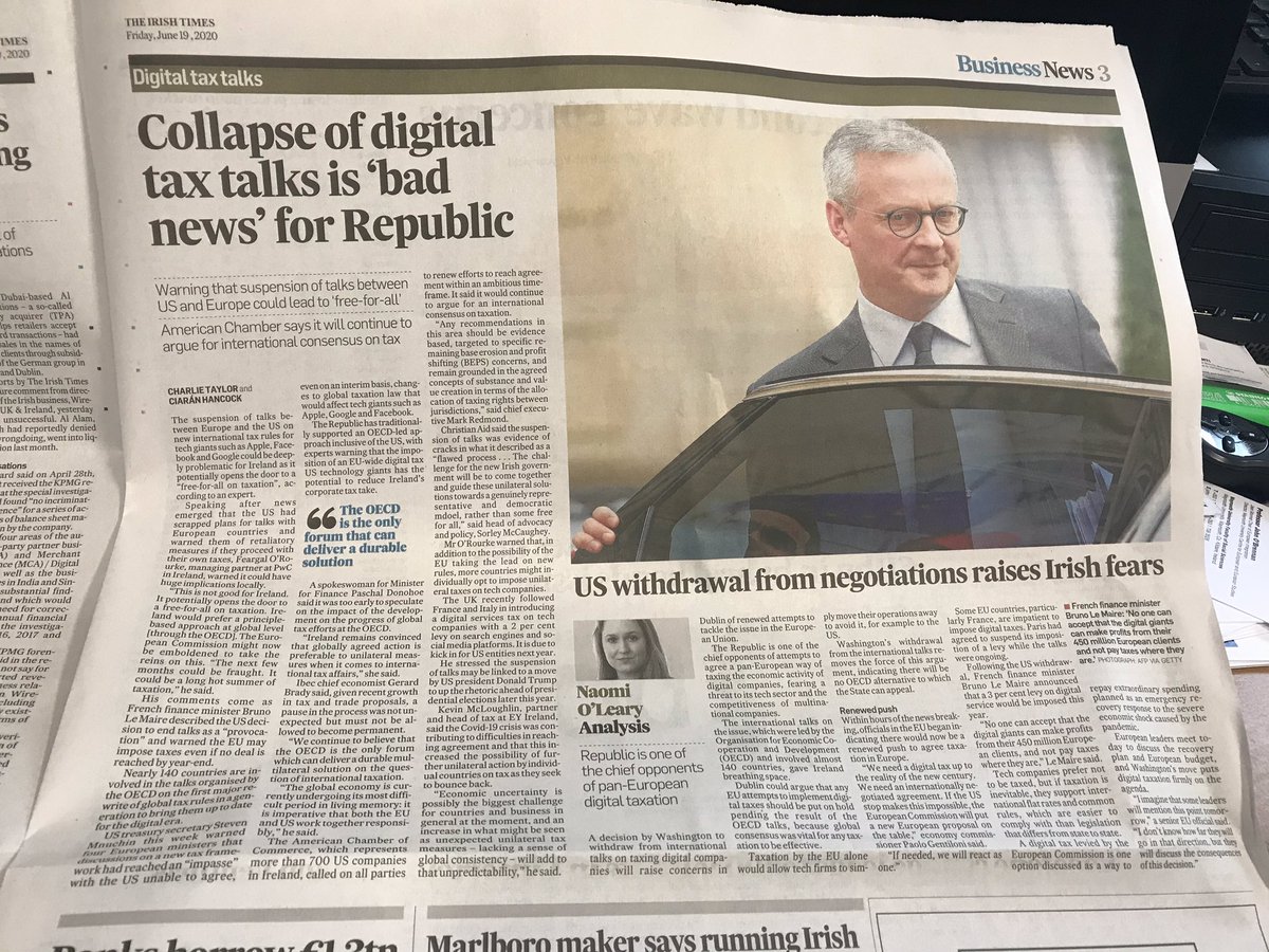 Some thoughts on collapse of digital tax talks. While this is routinely presented in Ireland as ‘bad news’ for the economy, in truth the OECD process never had enough ‘bite’ to really change the dial on tech titan tax. 1/