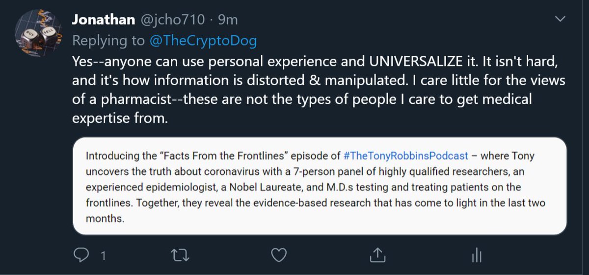 1/The only time I've tweeted on getting blocked. If you forego top doctors, epidemiologists, & a medical Nobel Laureate for a pharmacist--while these former have been accurate on COVID before everyone else--you are really an idiot. Just no idea how to examine issues seriously.