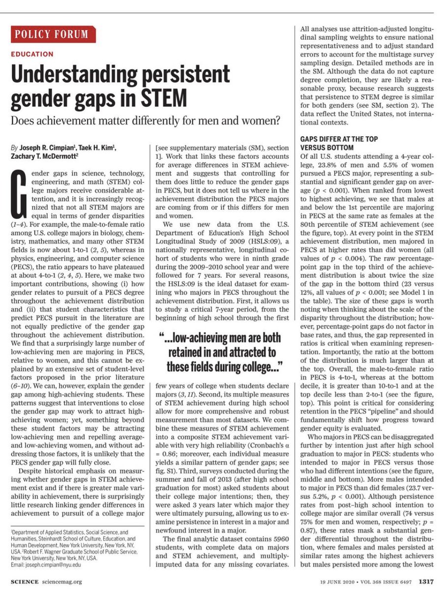 “low achieving men are both retained in and attracted to these fields (physics, engineering and computer science) during college.” fascinating read from  @JoeCimpian et al in  @ScienceMagazine:  https://science.sciencemag.org/content/368/6497/1317  #WomenInSTEM