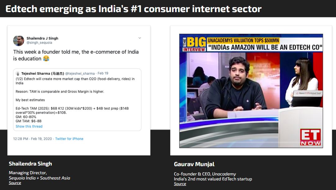 2/ Why we put this together? - Edtech is rapidly evolving & is more imp now than ever post COVID- The sector impacts not just individuals but also overall economic outlook- As  @singh_sequoia &  @gauravmunjal say 'edtech is for India is what eCommerce was for China/the West'