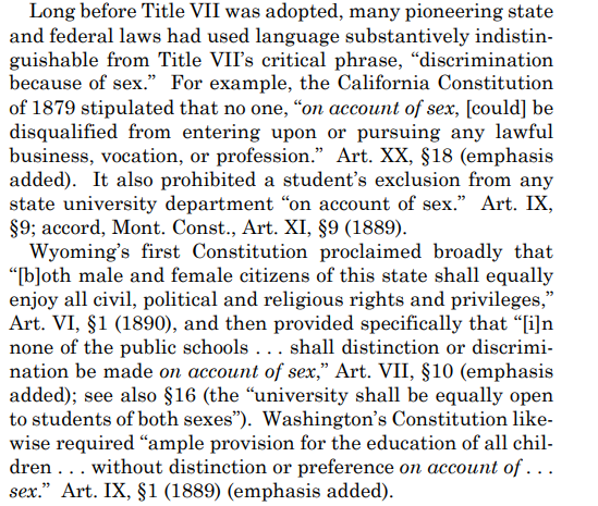 Alito's opinion also tries to argue that sex discrimination can't encompass LGBT discrimination because, historically, fighting sex discrimination has been part of a movement for equality of women with men. E.g. the examples below. 20/