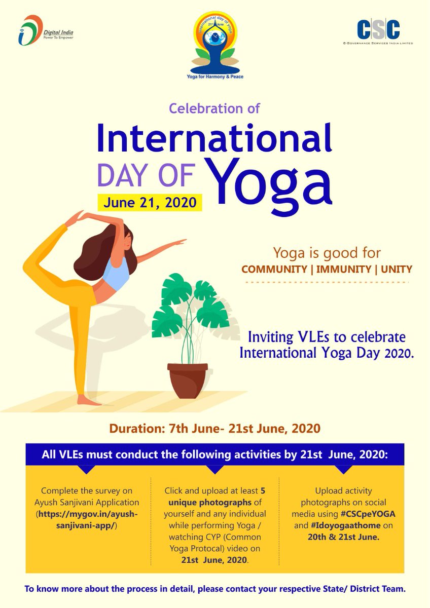 2 Days to Go! 

Celebrate the 6th #InternationalDayOfYoga2020 from Home. 

Every CSCs must participate in the #CSCpeYOGA and #IdoYogaatHome campaign.

Stay Home | Do Yoga

#CSC #CSCseGRAMSWARAJ #DigitalIndia 
#Internationalyogaday2020 <a href="/CSCegov_/">CSCeGov</a> <a href="/dintya15/">dinesh tyagi Retd IAS</a> <a href="/moayush/">Ministry of Ayush</a> <a href="/ASharma2021/">Archi Sharma</a>