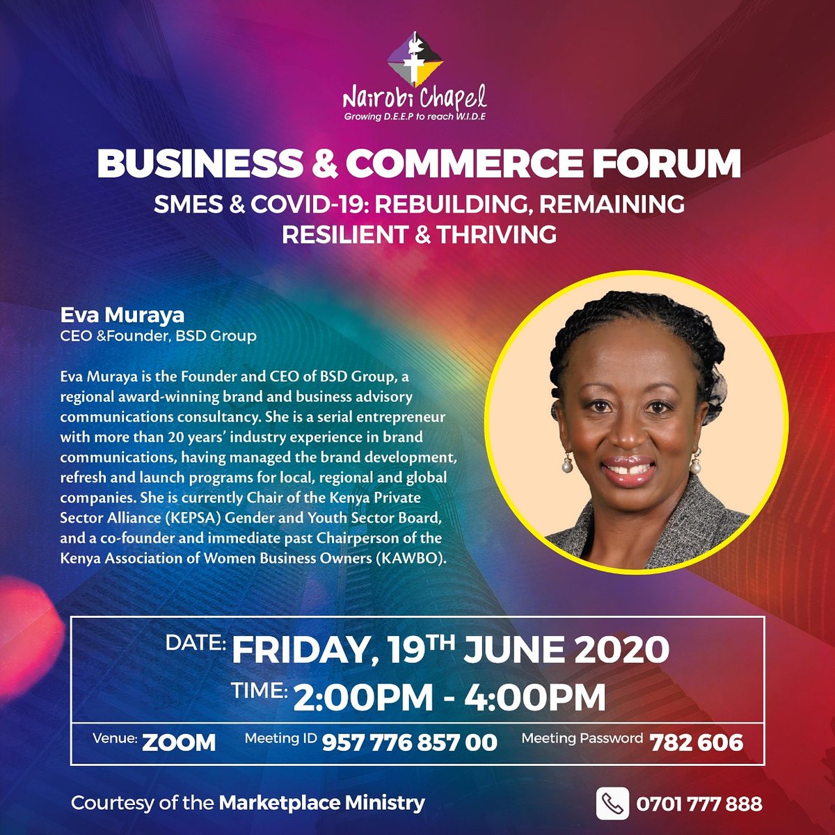 NairobiChapel's tweet photo. Meet the moderatator of the Business &amp; Commerce Forum happening later today, @EvaMuraya ; Founder &amp; Chief Executive Officer, BSD Group.
Eva, a serial entrepreneur, has more than 20 years’ industry experience in brand communications.
#MarketPlaceMinistry
#RedefiningBusiness https://t.co/9Zo9PTeg9R