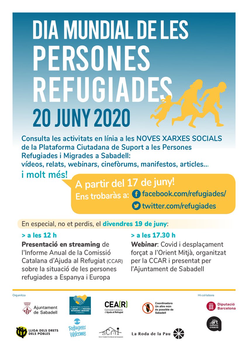 #RECORDATORI Avui, 

👉a les 12h, Presentació en streaming de l’Informe Anual de la Comissió Catalana d’Ajuda al Refugiat (CCAR) 
👉a les 17.30h, Webinar: Covid i desplaçament forçat a l’Orient Mitjà

🔗Al web ccar.cat i a les plataformes de 
<a href="/refugiades/">Plataforma Refugiades Sabadell</a> 

#20J