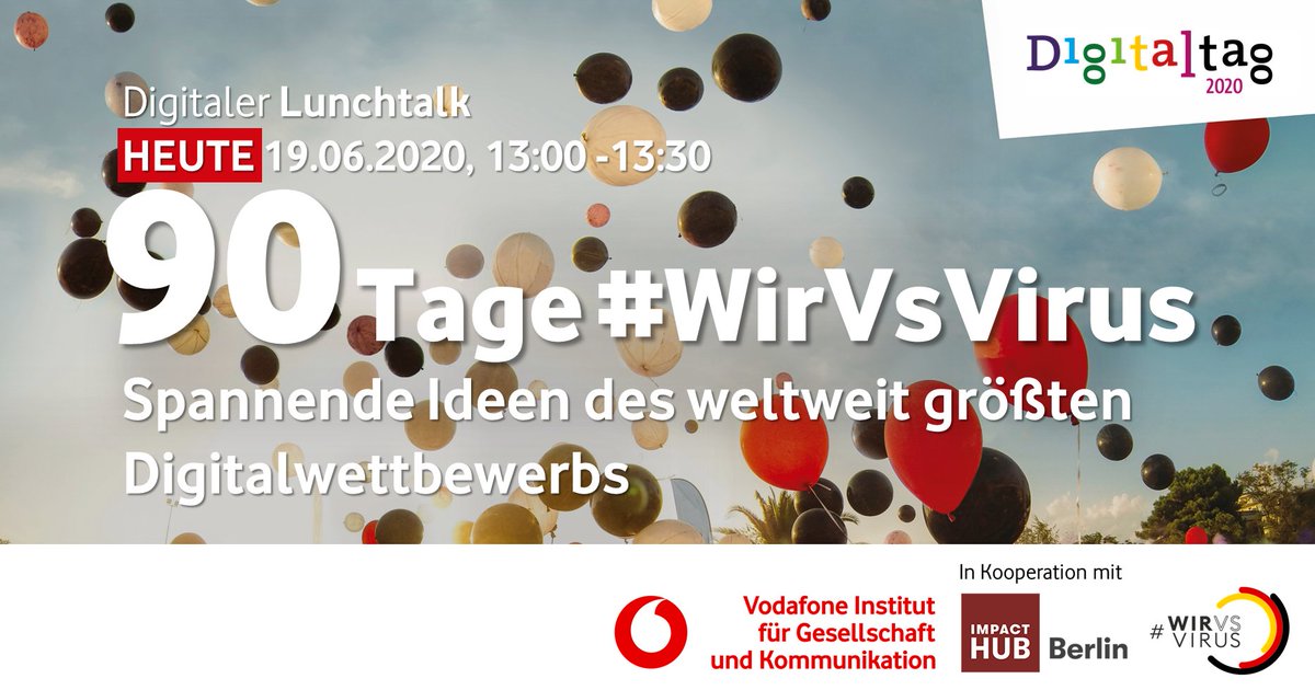 🕐HEUTE 13:00-13:30 90 Tage #WirVsVirus im Lunchtalk mit <a href="/ernte_erfolg/">ErnteErfolg</a>, <a href="/GemeinsamGehen/">Pallia</a> und @podcastphone. Wo stehen die Top Teams heute? LIVE unter youtube.com/watch?v=EgH6Di… Keine Anmeldung, einfach Teilnehmen und Eure Fragen stellen. Infos: digitaltag.eu/aktion/90-tage… #Digitaltag20