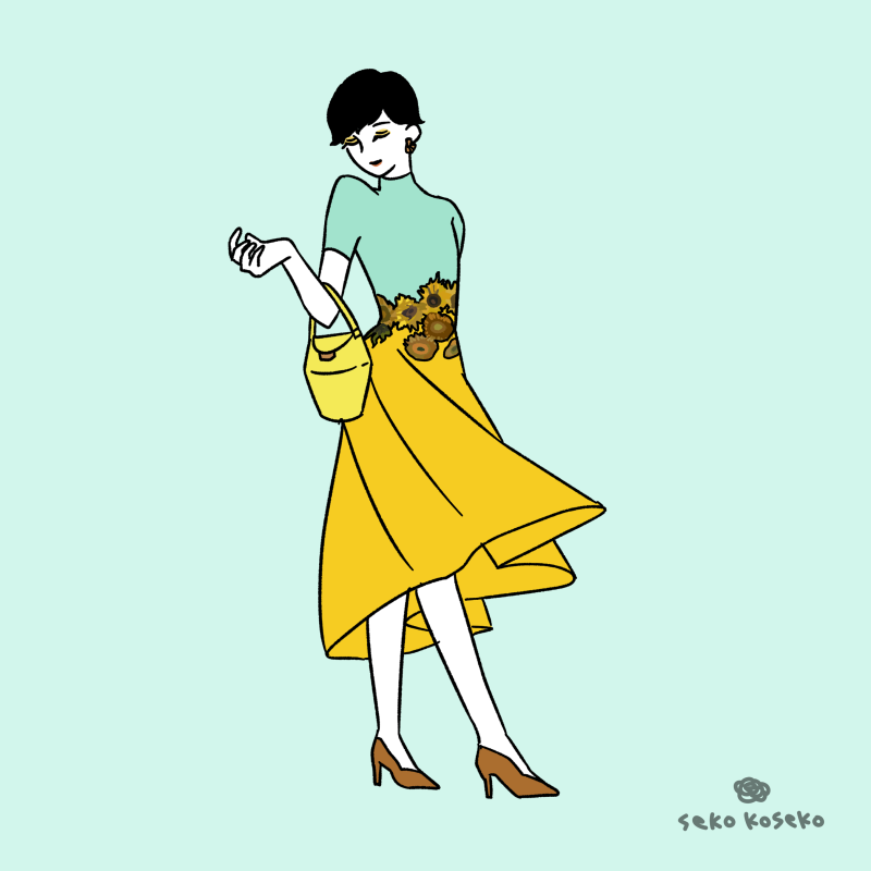 「リクエストで「ゴッホのひまわりをイメージしたファッション」 」|seko kosekoのイラスト