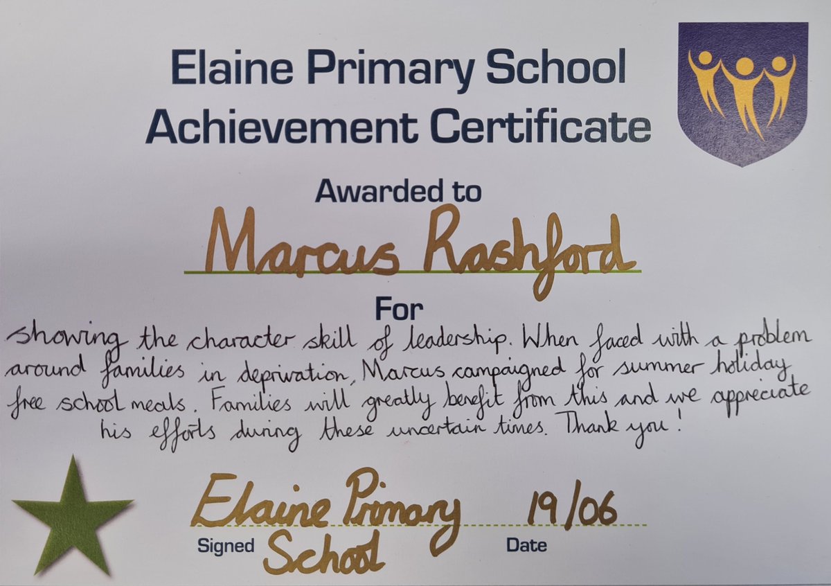 We would like to give <a href="/MarcusRashford/">MR14</a> a Merit Certificate for his moral leadership when campaigning for free school meals. 189 of our pupils will benefit - the impact on our community will be immense. Thank you! #RashfordForPM
<a href="/ManUtd/">Manchester United</a> <a href="/InspireSELondon/">not in use</a> 

youtube.com/watch?v=u4rcNO…