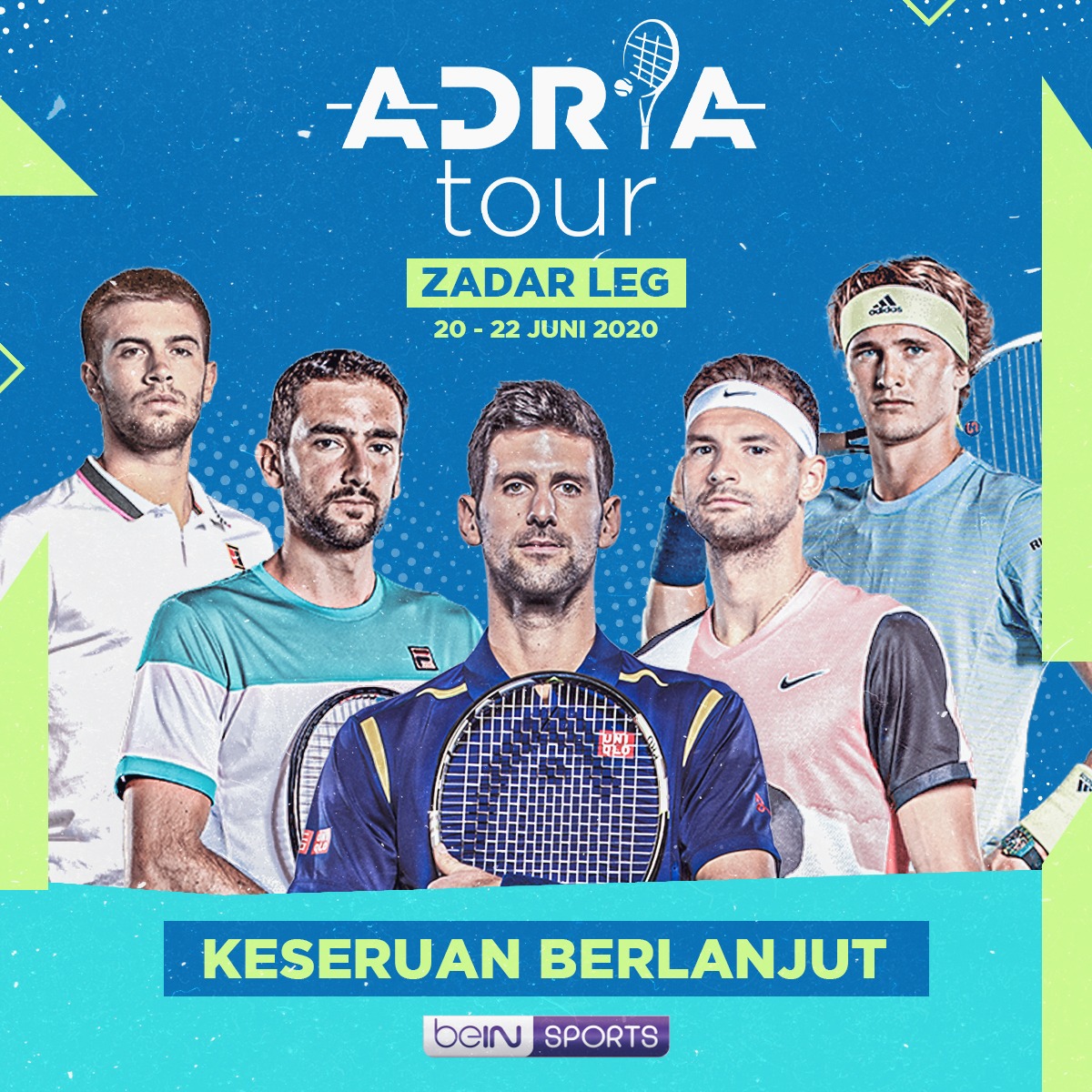 Keseruan pertandingan Tenis 🎾 kelas dunia berlanjut!🔥
_
Kali ini para bintang tenis tersebut akan bermain di Kroasia 🇭🇷, di kota Zadar.
_
Jangan lewatkan serunya Adria Tour, Zadar leg mulai 20-22 Juni 2020, mulai Pukul 19.00 LIVE di 📺 beIN SPORTS 2️⃣!
_
#beINSPORTSID #beINTENIS