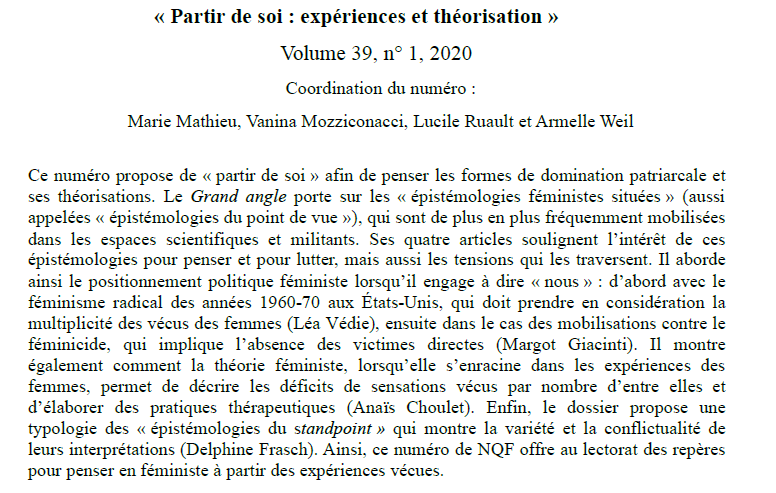 LaboGenERe's tweet photo. 📣Parution du dernier numéro de Nouvelles Questions Féministes intitulé "Partir de soi : expériences et théorisation", avec notamment des articles sur : le féminicide, l'épistémologie du standpoint, le "nous" féministe, les troubles féminins de l'intéroception... https://t.co/0WNQFhDTL1