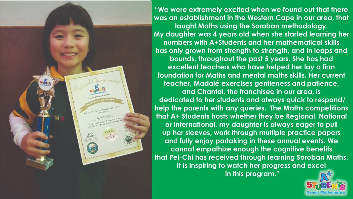 aplusstudents1's tweet image. With over 40 000 students having gone through our programs there are loads of success stories. Follow this link to read what some parents say about our abacus and mental arithmetic courses: aplusstudents.co.za/Post/Search?ta…

#aplusstudents #math #abacus #parents #homeschooling #elearning