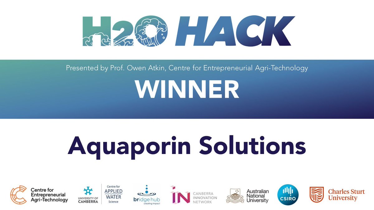 ANUAgrifood's tweet photo. Congratulations! The winner of the #H20Hack is Aquaporin Solutions. Fantastic work team! We look forward to following your journey. #AgriTech #FoodTech #AusAg #SolutionsOnTap @CEAT_Hub @UC_CAWS @CBR_IN @TheBridgeHub @CSUMedia @ANUmedia @CSIRO https://t.co/asWpBLiwDh