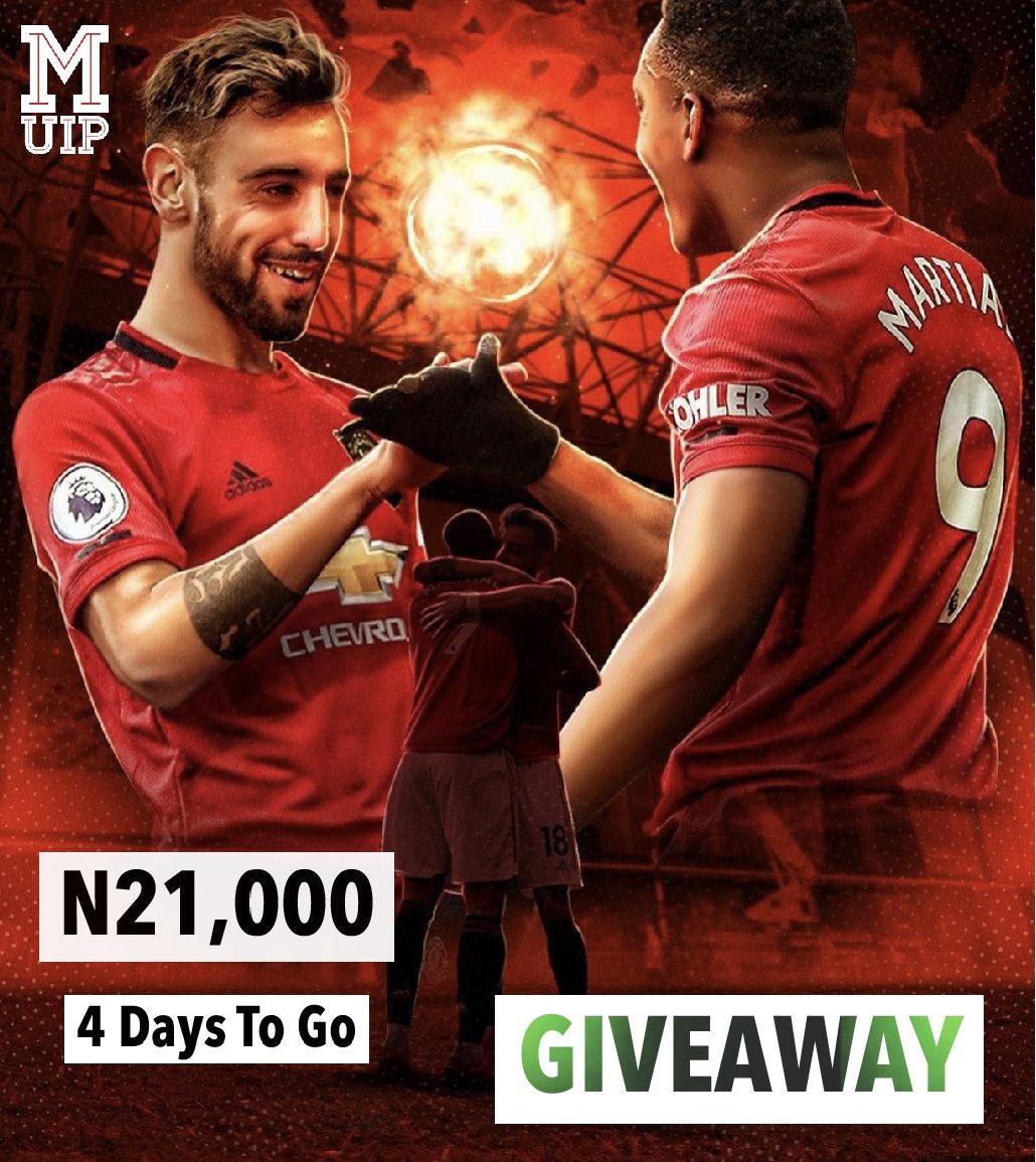 4️⃣ Days To Go! 

Manchester United in Pidgin Giveaway! 🚨 

Cash: N21,000 💵 

N1,000 airtime for 21 different people on June 23rd. 

Retweet to Enter! 

#MUFC #TOTMUN