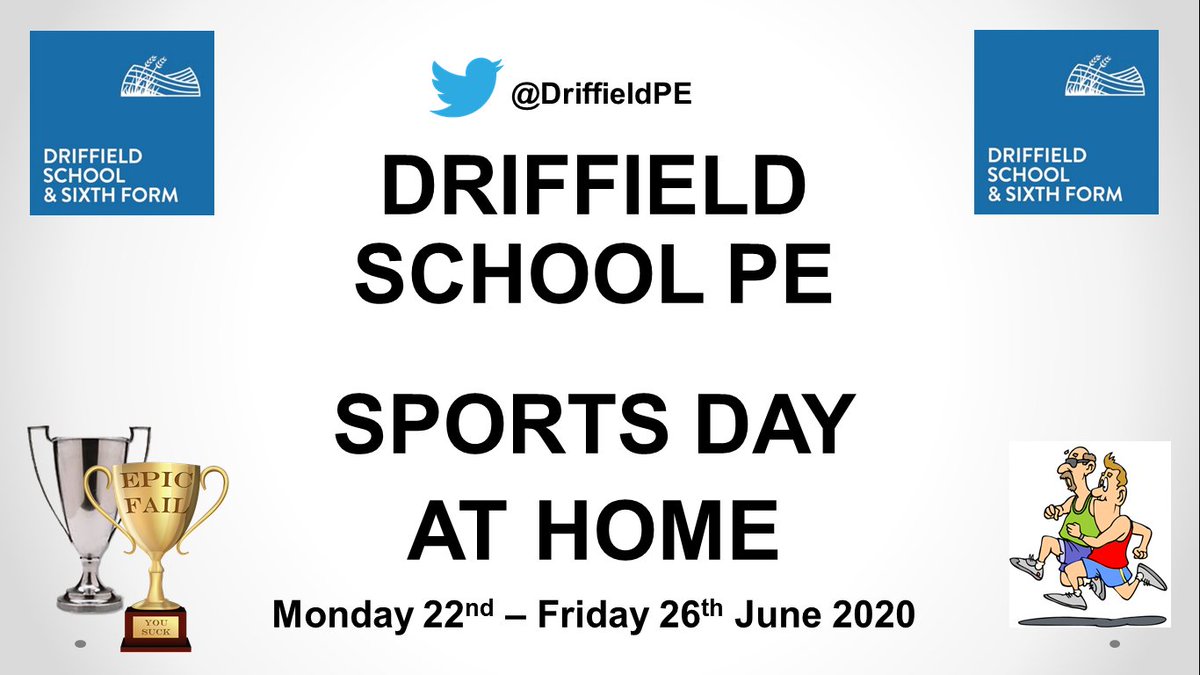 We will not be beaten!  Our usual sports day will take the form of a 'sports week'  next week for students , staff and parents.

Please keep an eye on the @DriffieldPE,  Driffield School facebook, the school website and the learning platform for further details.