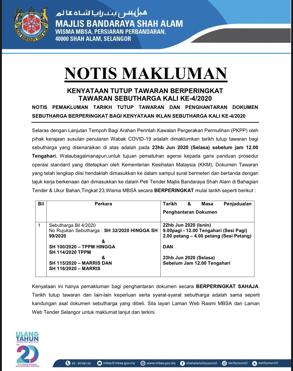 Mbsa On Twitter Weloveshahalam Kitajagakita Makluman Kenyataan Tutup Tawaran Berperingkat Tawaran Sebutharga Kali Ke 4 2020 Https T Co H33jigzdxj Twitter