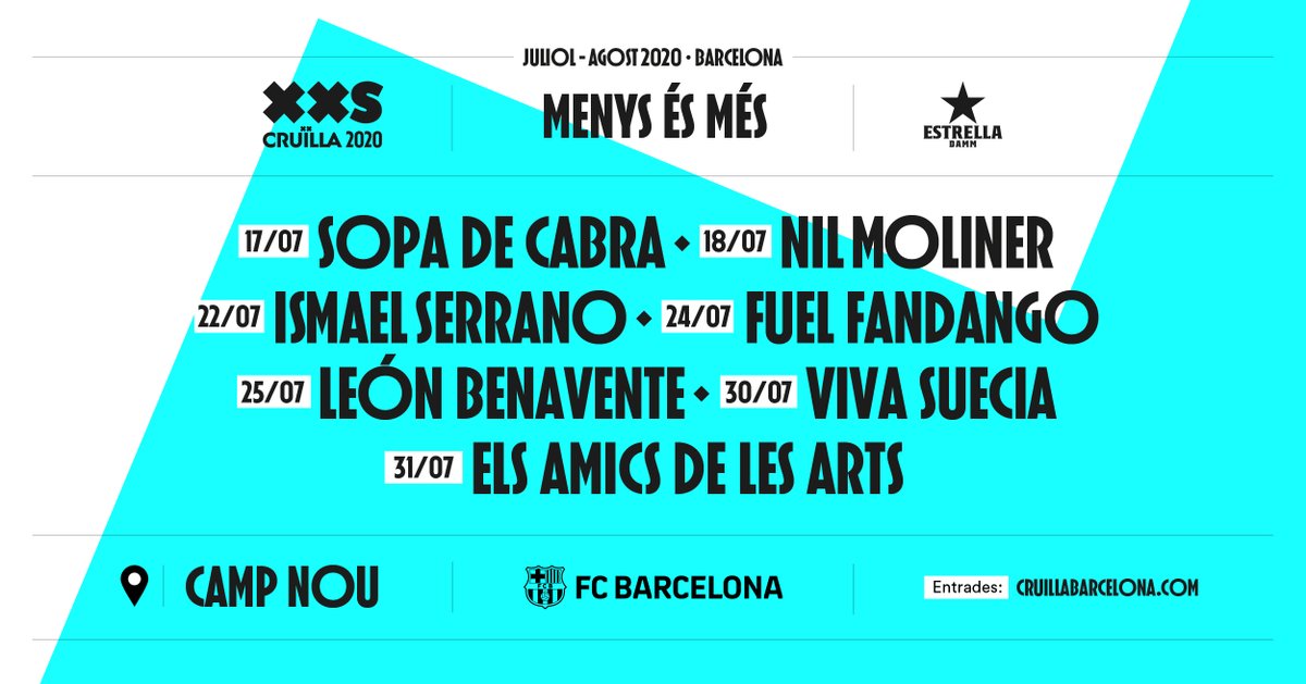cruillabcn's tweet photo. El #CruïllaXXS incorpora un escenari històric: el CAMP NOU! 🏟️

Primers confirmats 👇
@sopadecabra ⭐ 
@NilMoliner ⭐ 
@SerranoIsmael ⭐ 
@fuelfandango ⭐ 
@LEONBENAVENTE ⭐ 
@VivaSuecia ⭐ 
@amicsdelesarts ⭐

Venda d'entrades el 22/06 a les 12h 🔥
Més 👉 https://t.co/6YkZ6pq8Jr https://t.co/BktOCieVz5