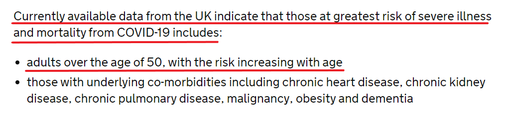 Linkto report to which Hancock refers, which states that "Current evidence strongly indicates that the risk of serious disease and death increases with age and is increased in those with a number of underlying health conditions". Report also says this. https://www.gov.uk/government/publications/priority-groups-for-coronavirus-covid-19-vaccination-advice-from-the-jcvi/interim-advice-on-priority-groups-for-covid-19-vaccination