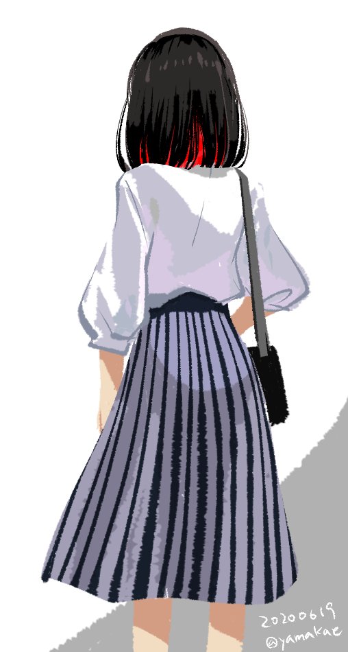 1girl solo skirt black hair from behind white shirt shirt  illustration images