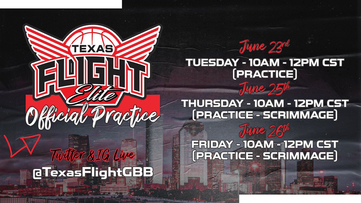 🚨College Coaches🚨

Texas Flight Elite OFFICIAL practice starts June 23rd!

🎥 All practices/scrimmages will be LIVE streamed. Looking forward to seeing y’all next week ⚫️🔴 #GUAA #TFE