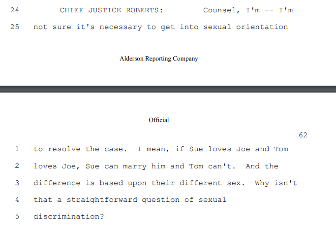 Justice Kavanaugh could have, but did not, add that SCOTUS' failure to suggest sexual orientation discrimination is sex discrimination for constitutional purposes is notable in light of fact that argument was presented in Obergefell -- and even mentioned at oral argument then: 6/