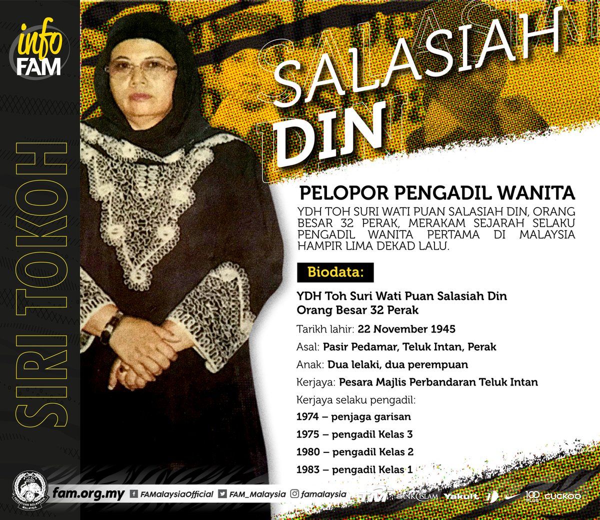 FAM_Malaysia's tweet photo. Toh Suri Wati Puan Salasiah - Perintis Laluan

Ahad, tanggal 1 Mac, 1976 adalah detik bersejarah bukan sahaja buat Salasiah Din tetapi juga arena bola sepak tempatan.

Baca selanjutnya di https://t.co/2KpHuThh69

#FAM #HarimauMalaya #infoFAM #SiriTokoh #LegendaSepanjangZaman https://t.co/wCtnoZ8DzH