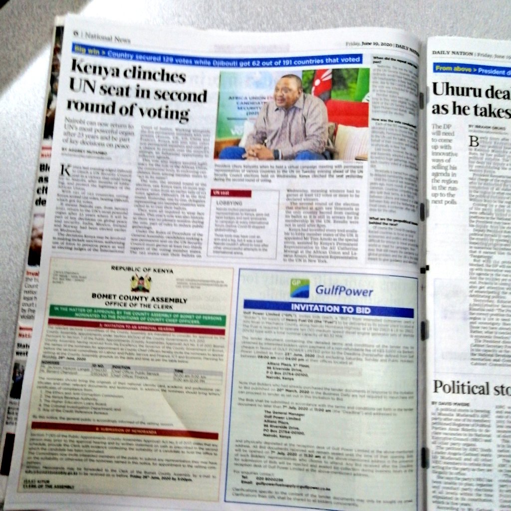 Kenya finally bags the coveted UN Security Council non-permanent member seat after edging out Djibouti 129/62 in a second round of voting in New York. #JamboKenya <a href="/RadioCitizenFM/">Radio Citizen</a> <a href="/inspektamwala/">Inspekta Mwala (Davis Mwabili)</a> <a href="/GeorginaNjogu/">Gina 🇰🇪</a> <a href="/icia_jacob/">jacob Icia</a>

#JamboKenya