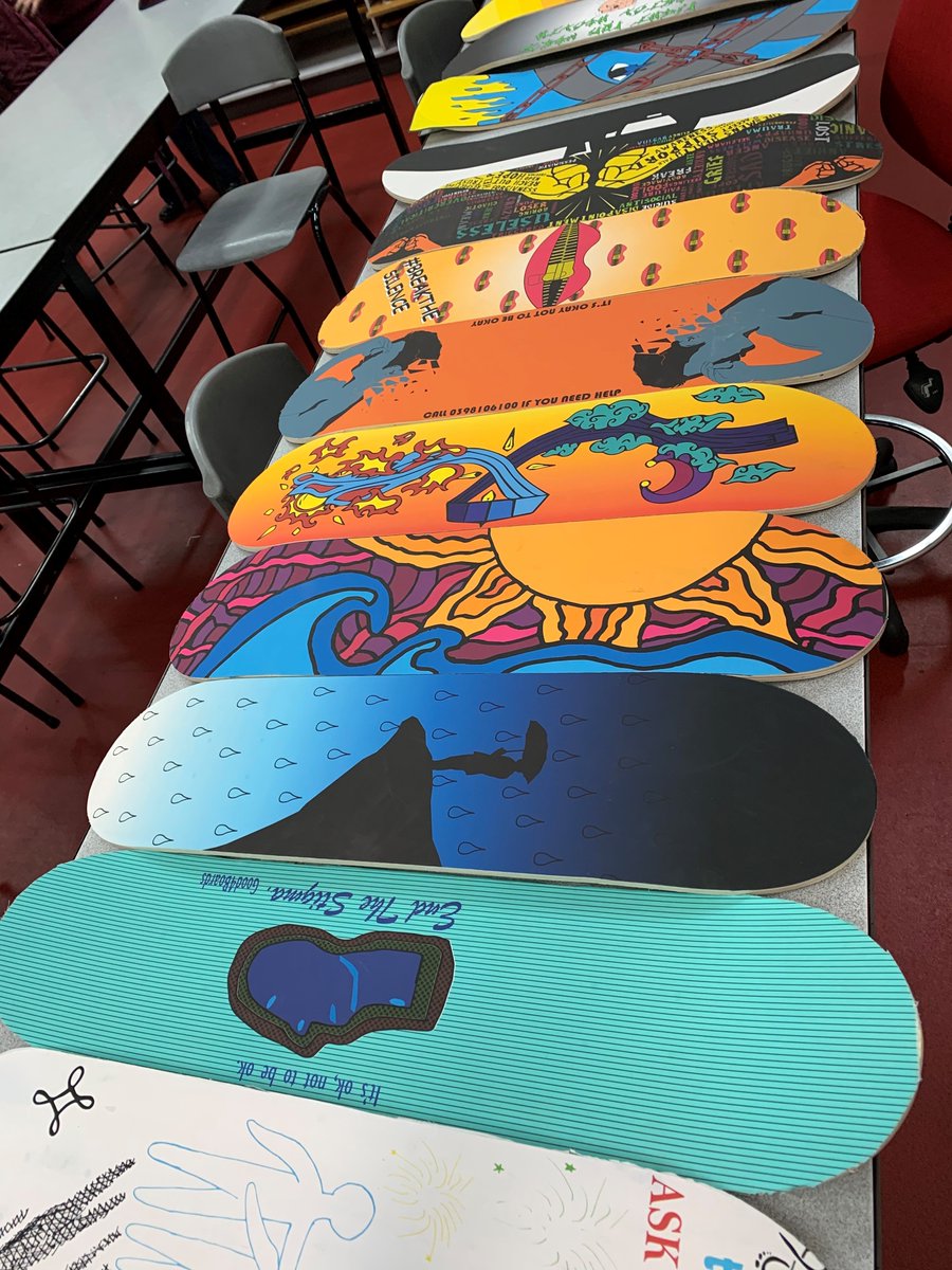Marcellin's tweet photo. How good are these?! The talented Brigitte Kelleher and her VCD class full of creative geniuses have taken their colourful designs and produced skate decks. Maybe the Tech crew can build us a half pipe.... #TheArts #BeMore https://t.co/oTJTTGO3Eu