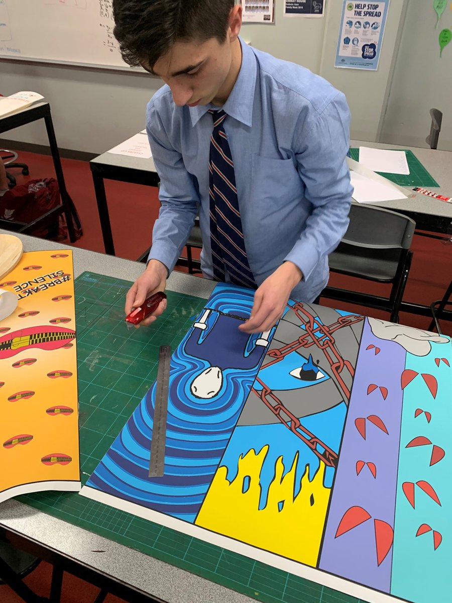 Marcellin's tweet photo. How good are these?! The talented Brigitte Kelleher and her VCD class full of creative geniuses have taken their colourful designs and produced skate decks. Maybe the Tech crew can build us a half pipe.... #TheArts #BeMore https://t.co/oTJTTGO3Eu