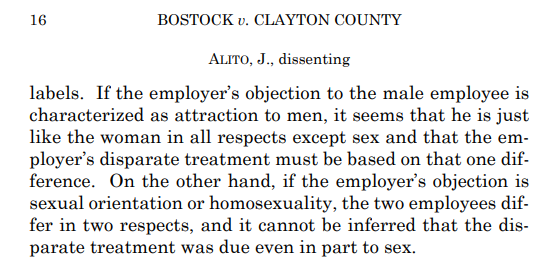 OK, now time to get into the weeds of the proper comparator debate. This is arguably the heart of the case: Who counts as similarly situated to, say, a gay man? As Justice Alito notes, what we have is a "battle of labels" 9/